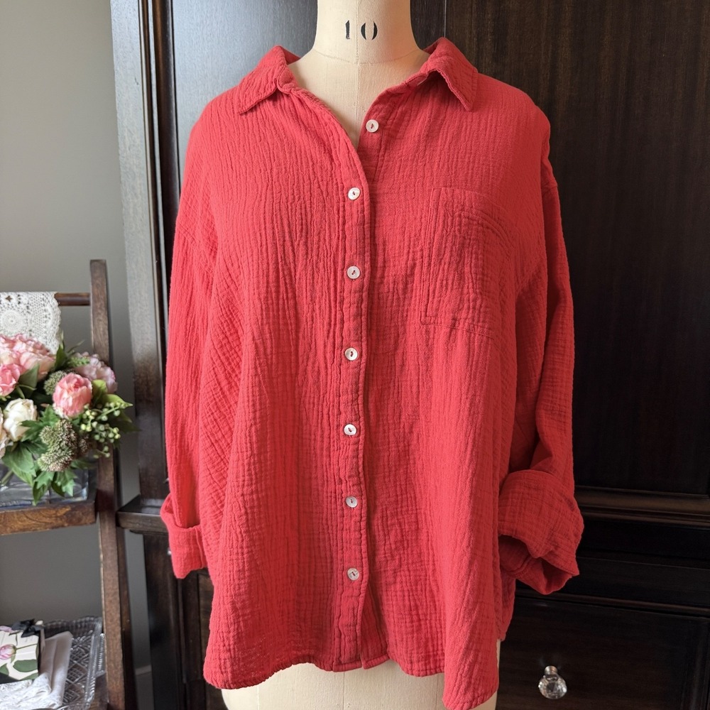 Cotton Gauze Button Front Shirt Coral Long Sleeve Pocket Relaxed Size L Coastal
